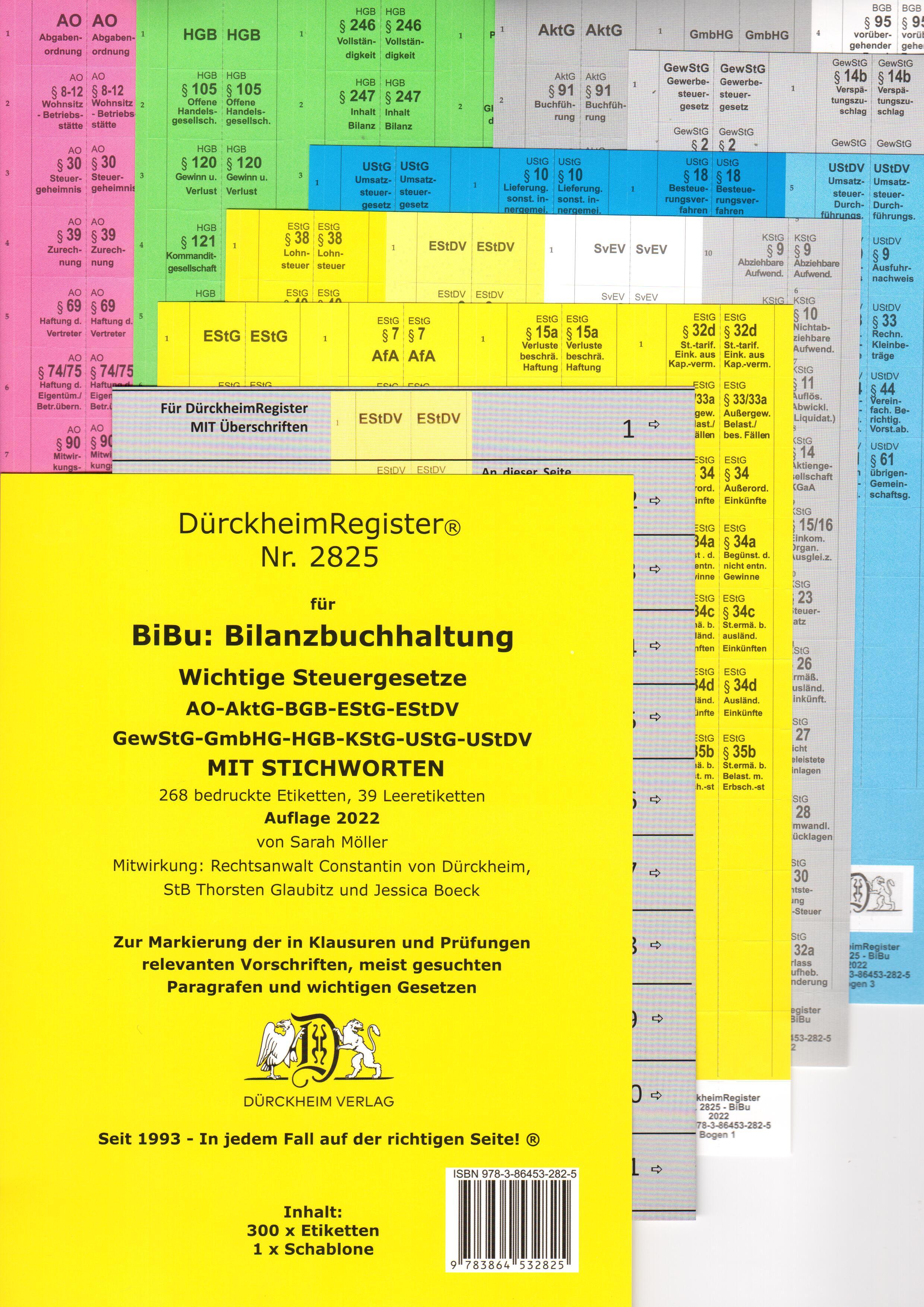 DürckheimRegister® 2825-BiBu- BilanzSteuerrecht - Wichtige Steuergesetze MIT STICHWORTEN für deine AO-AktG-BGB-EStG-EStDV-HGB-GewStG-GmbHG-KStG-UStG_UStDV