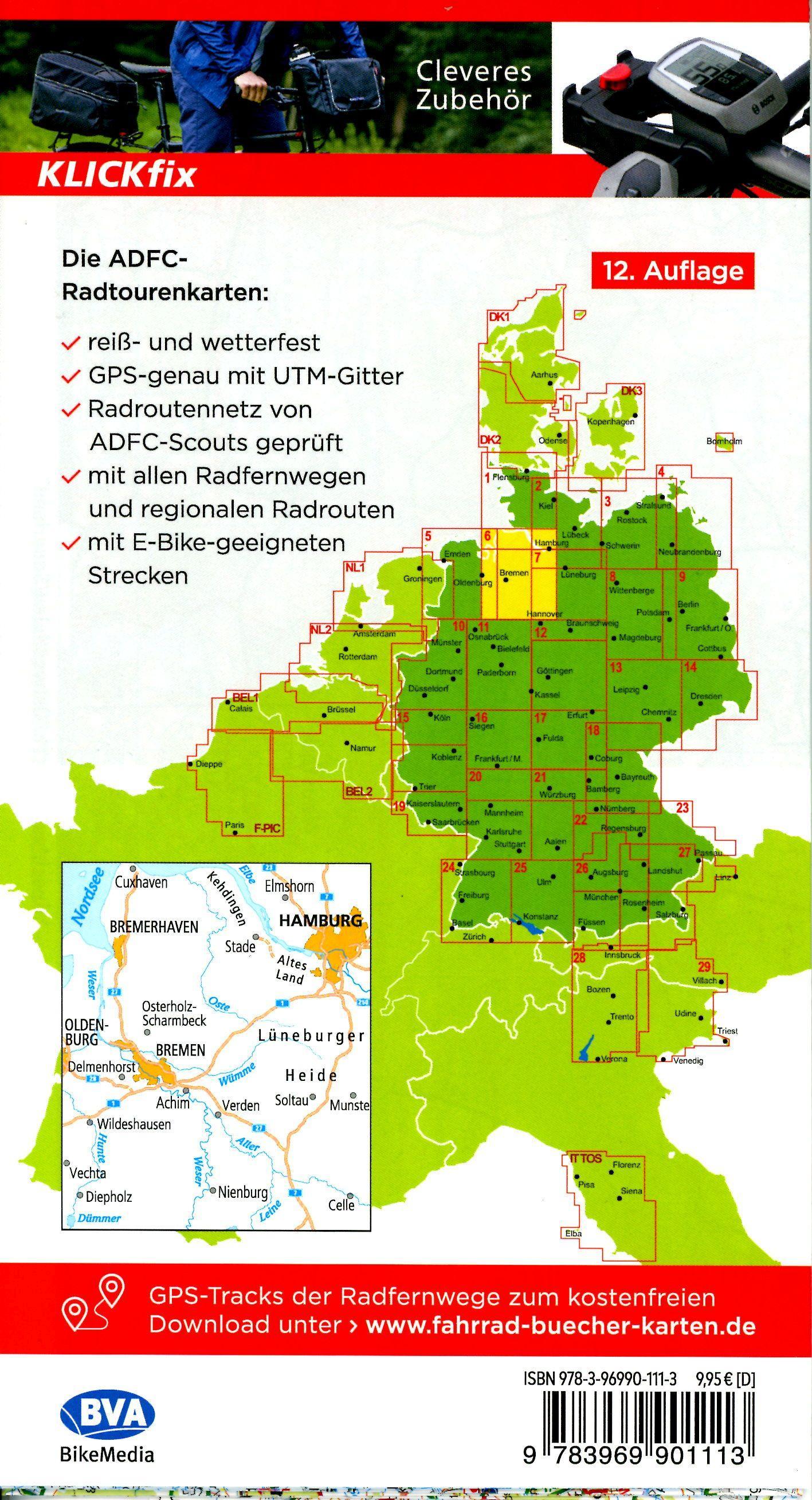 ADFC-Radtourenkarte 6 Zwischen Elbe und Weser 1:150.000, reiß- und wetterfest, E-Bike geeignet, GPS-Tracks Download, mit Bett+Bike-Symbolen, mit Kilometer-Angaben