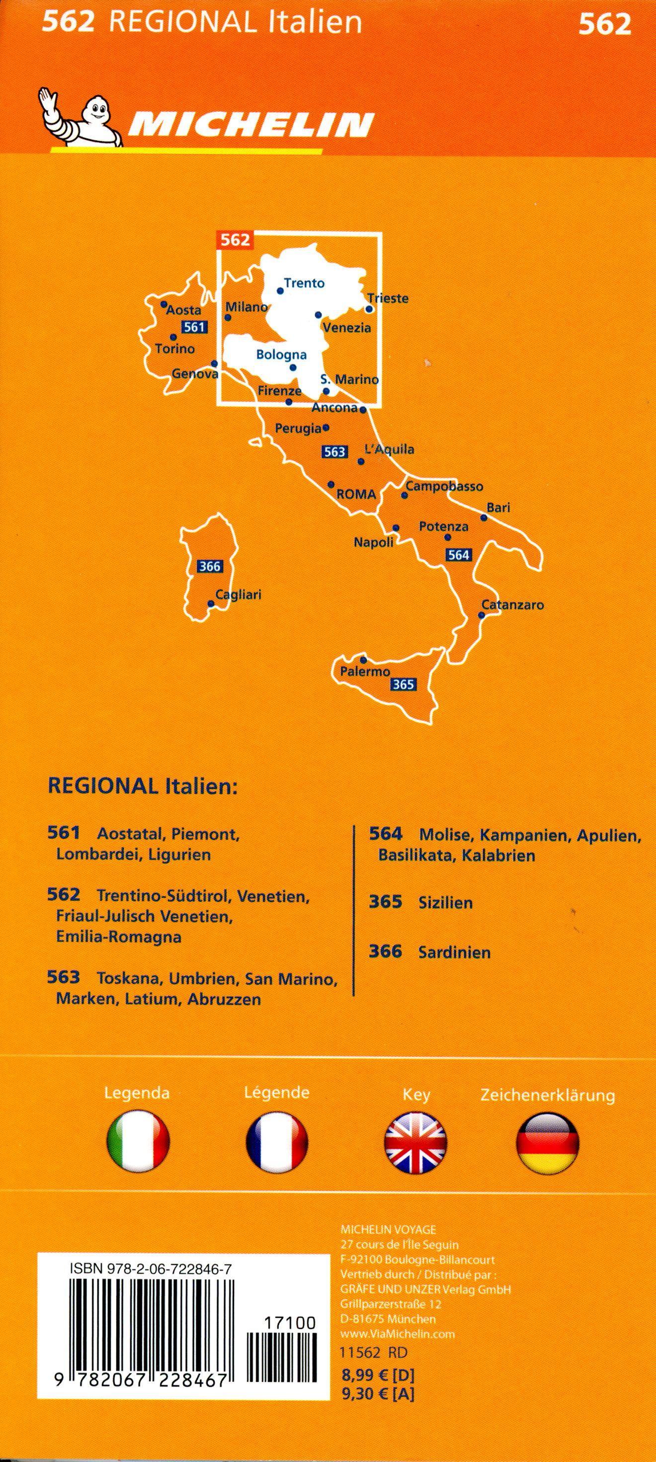 Michelin Trentino-Südtirol,Venetien, Friaul-Julisch Venetien, Emilia Romagna. Straßen- und Tourismuskarte 1:400.000