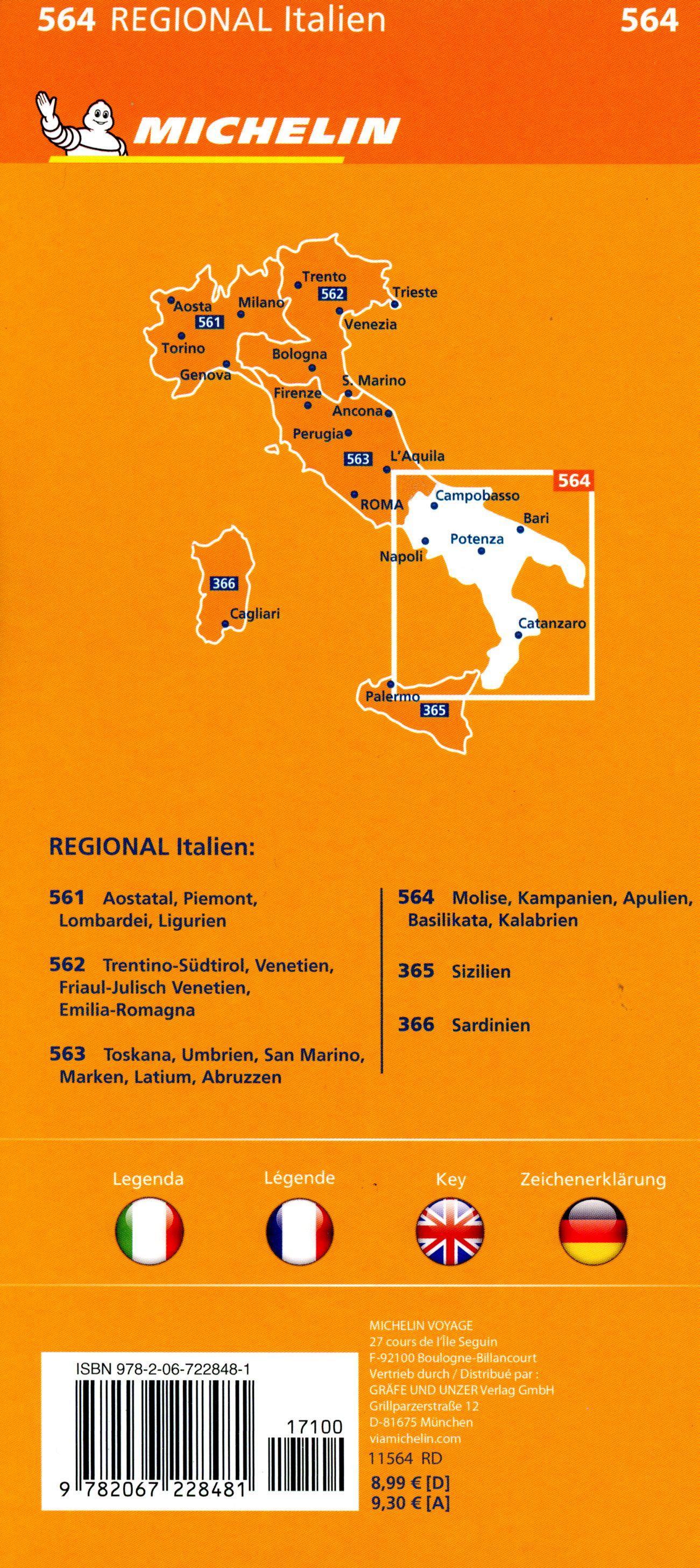 Michelin Molise, Kampanien, Apulien, Basilikata, Kalabrien. Straßen- und Tourismuskarte 1:400.000