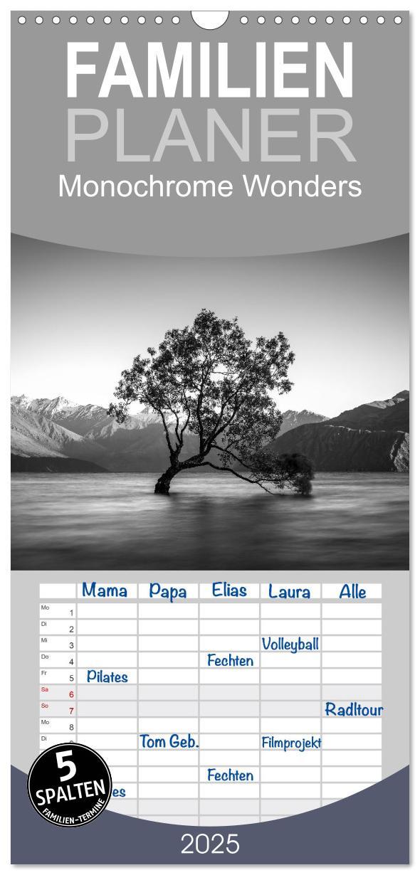 Familienplaner 2025 - Monochrome Wonders mit 5 Spalten (Wandkalender, 21 x 45 cm) CALVENDO